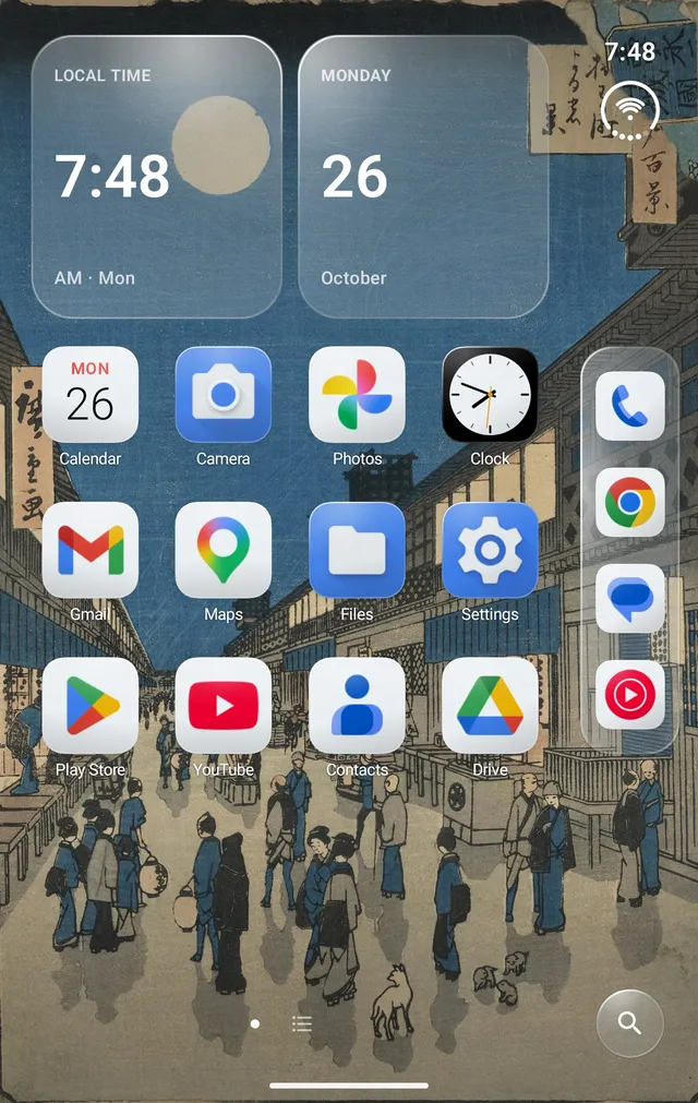 Twofold on the Galaxy Z Fold8 cover screen with clock and date widgets, an app grid and the Side Bar dock