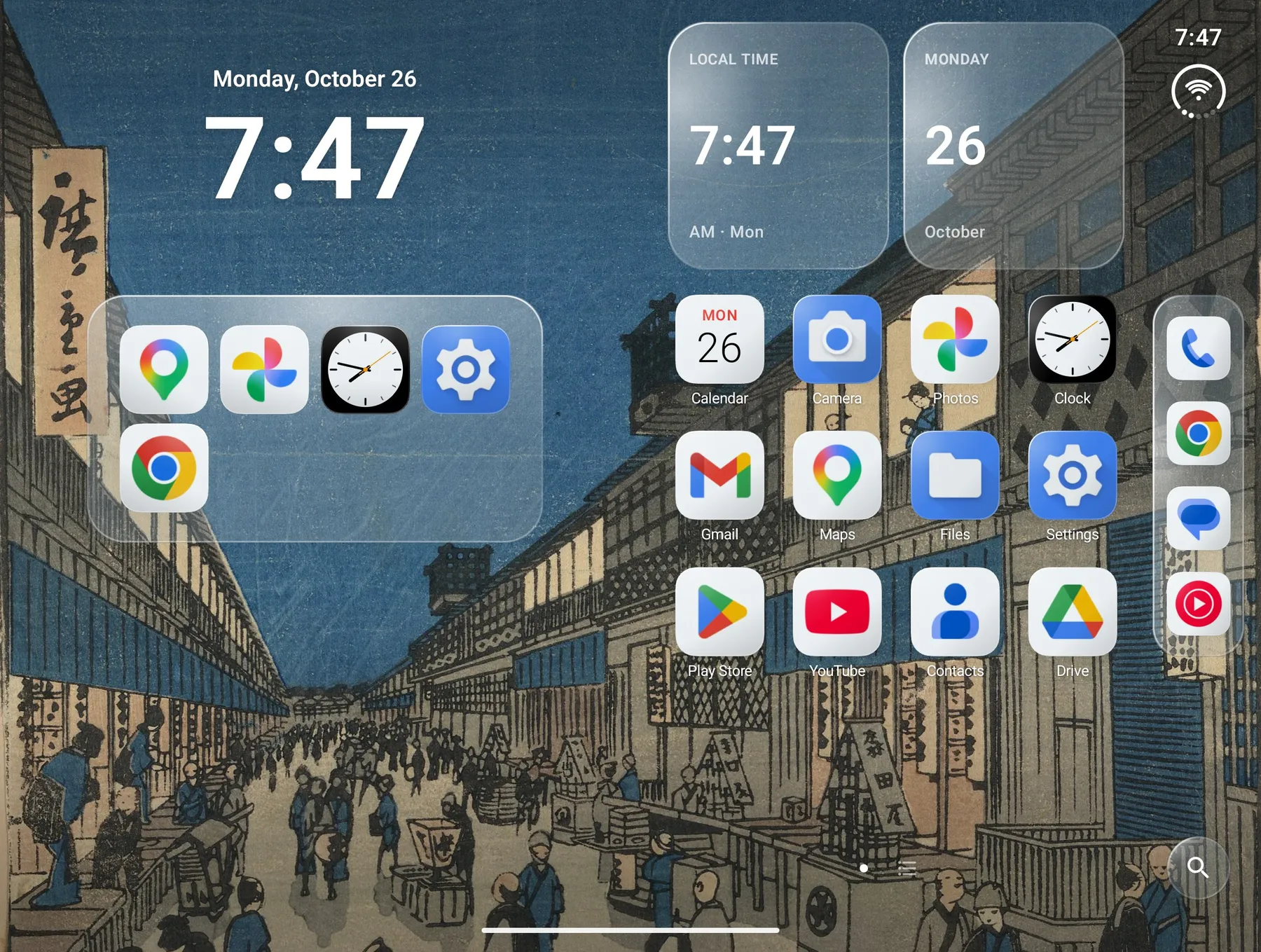 Twofold Home screen on an open Galaxy Z Fold8: a clock and date, a folder, a grid of apps with widgets above, and the Side Bar dock along the right edge