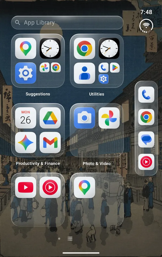 The App Library: apps grouped into Suggestions, Utilities, Productivity and Finance, and Photo and Video, under a search field