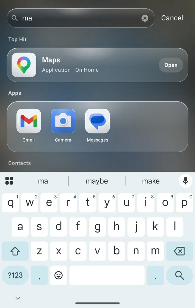 Search showing Maps as the top hit for the letters ma, with Gmail, Camera and Messages below